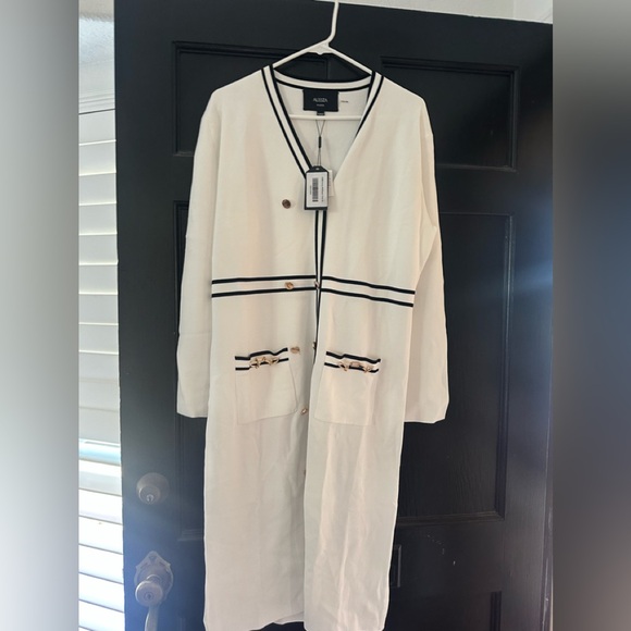 Aleeza Paris Dresses & Skirts - Aleeza Paris White Cardigan Dress with Black Trim Midi Length